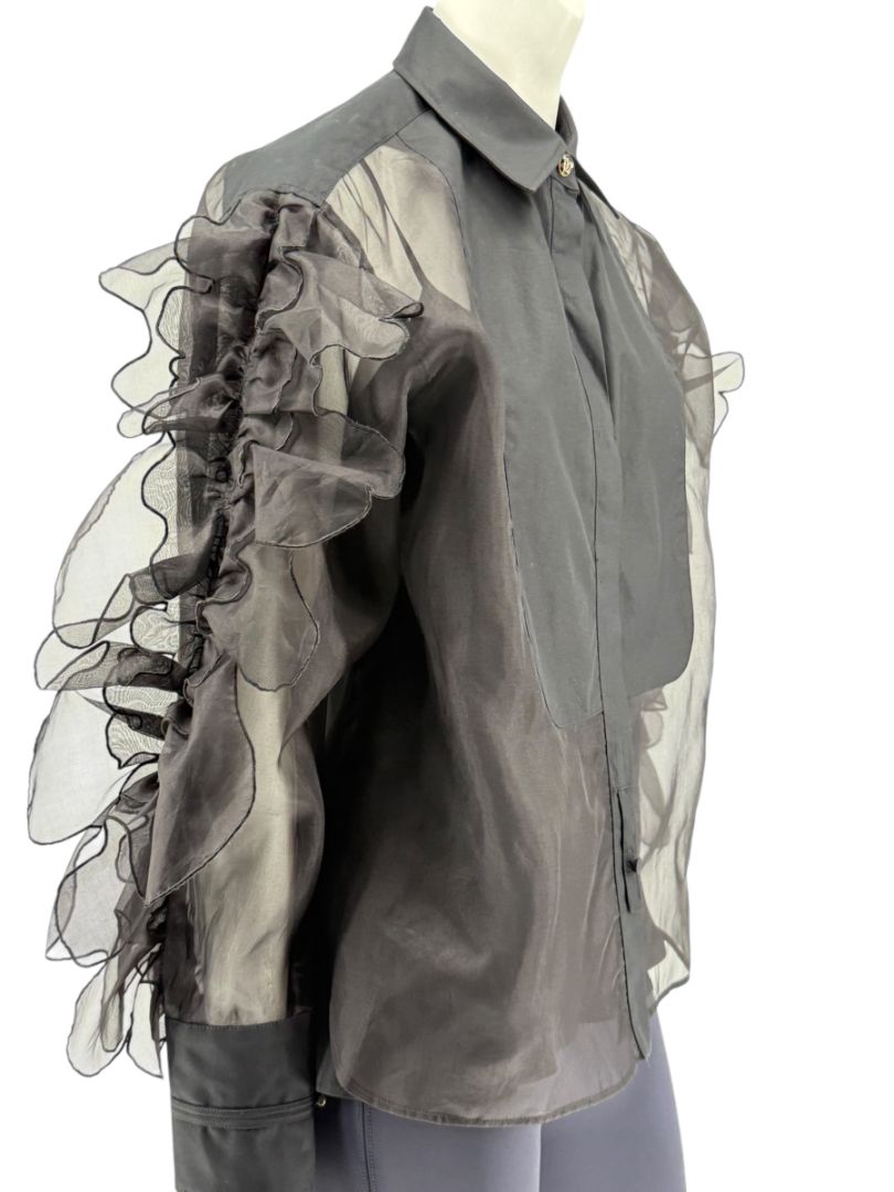 MaxMara 'Umberta' Sheer Black Silk Ruffle Blouse – Size 8