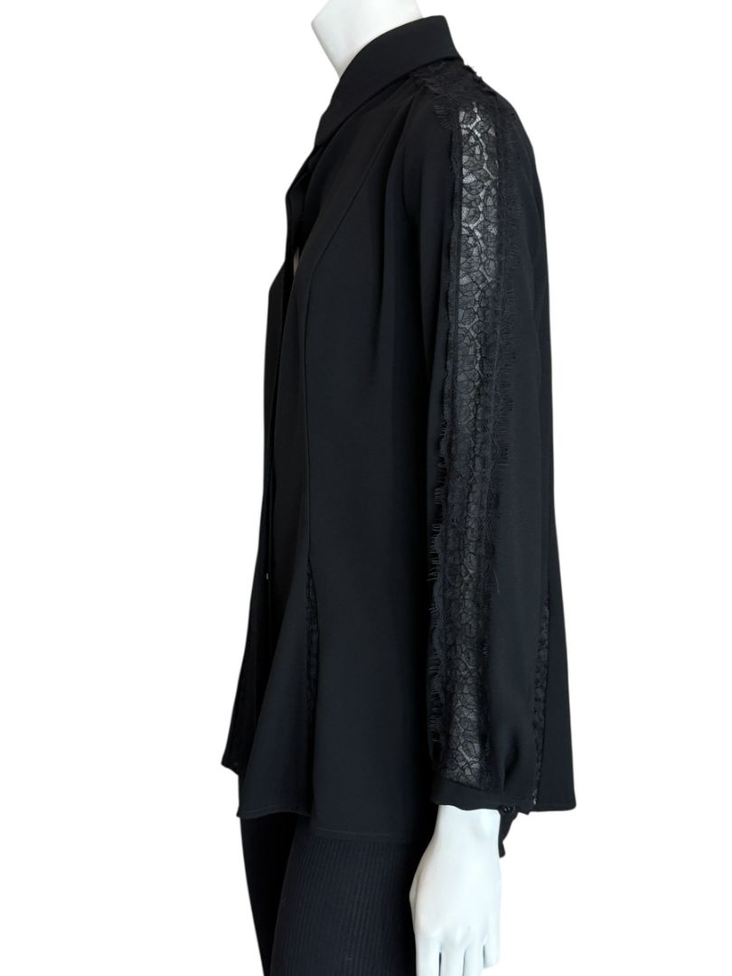 Pamella Roland Black Longsleeve Blouse with Lace Inset - Large