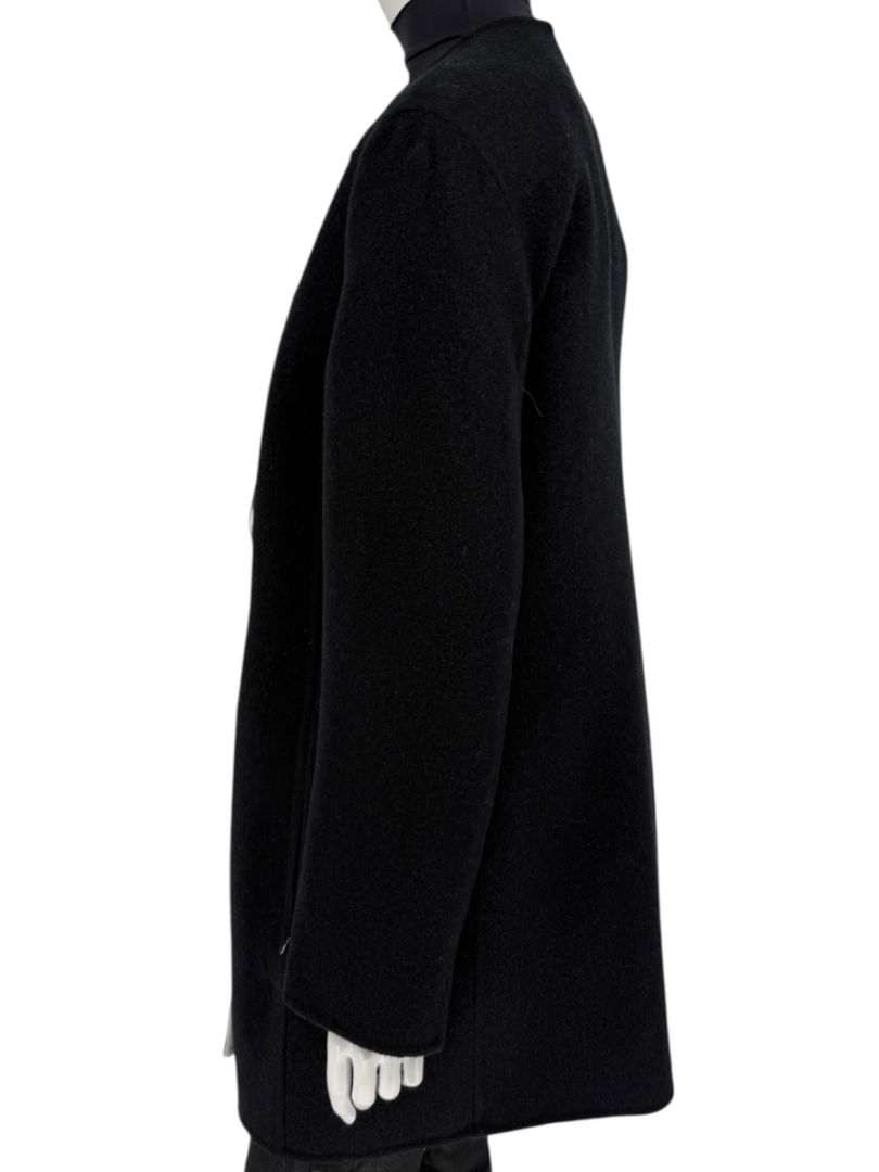 Pamella Roland Black Wool Blend Long Coat Minimalist Hidden Snap Closure - Large
