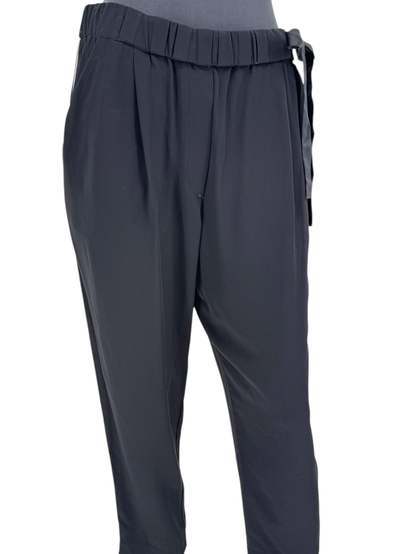 Brunello Cucinelli Black Viscose Drawstring Pants with Monili Trim – Size 8 (IT 44)