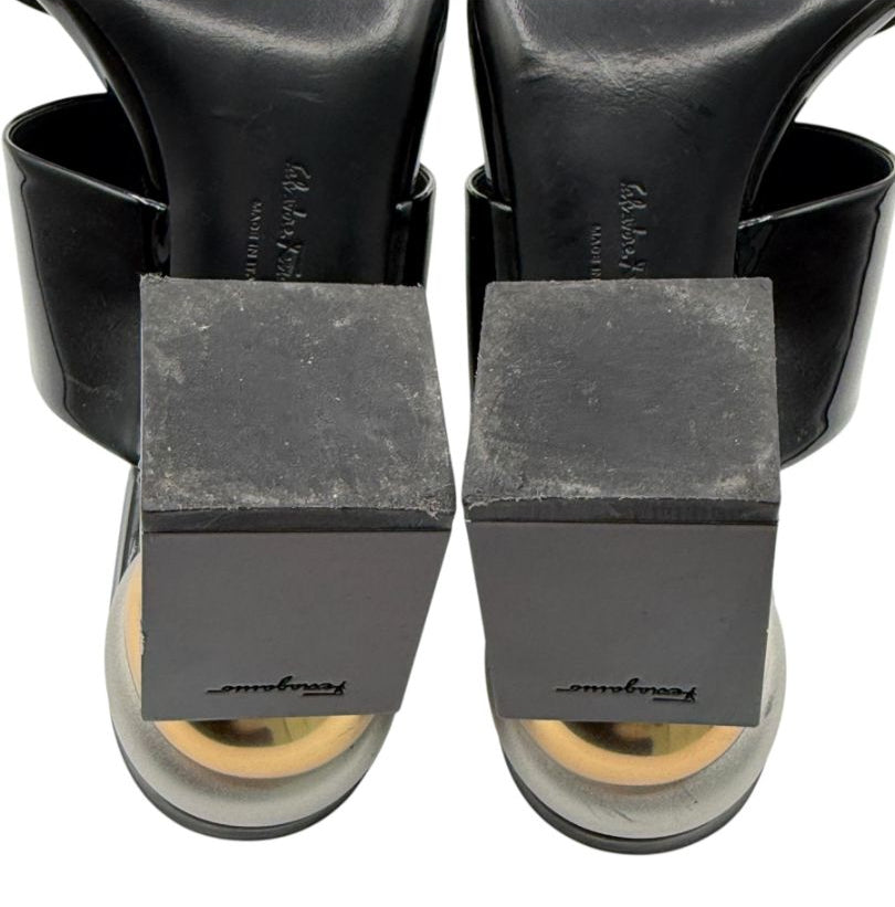 Salvatore Ferragamo Black Patent Block Heel Mules - Size 8.5