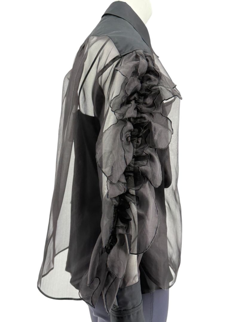 MaxMara 'Umberta' Sheer Black Silk Ruffle Blouse – Size 8