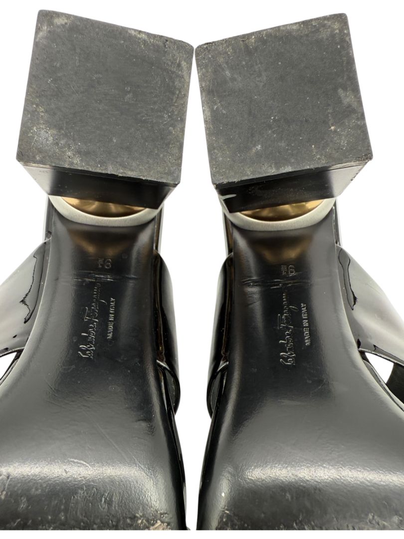 Salvatore Ferragamo Black Patent Block Heel Mules - Size 8.5