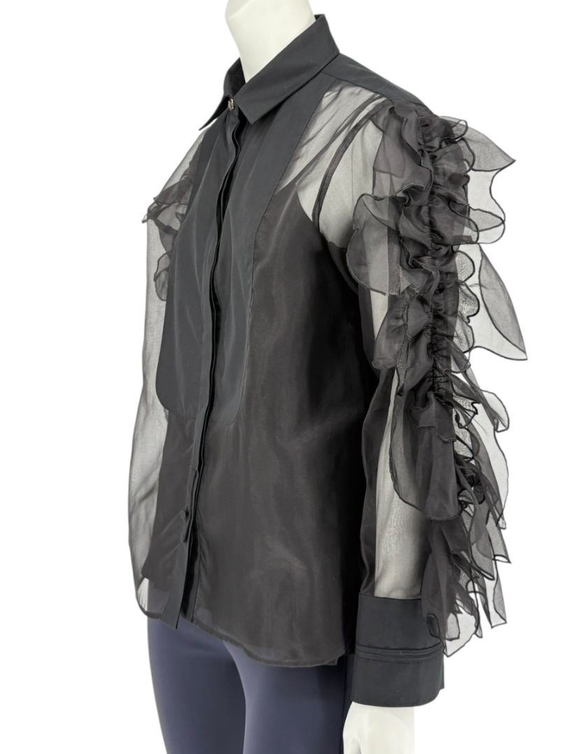 MaxMara 'Umberta' Sheer Black Silk Ruffle Blouse – Size 8
