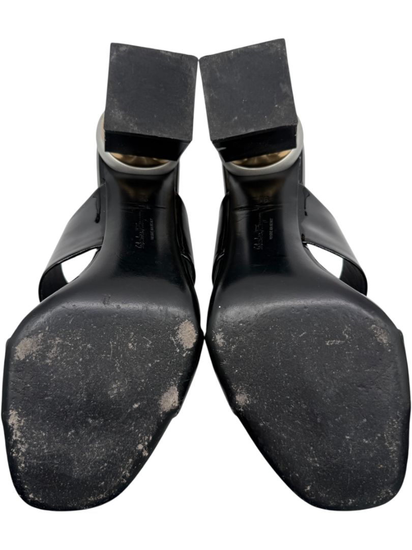 Salvatore Ferragamo Black Patent Block Heel Mules - Size 8.5