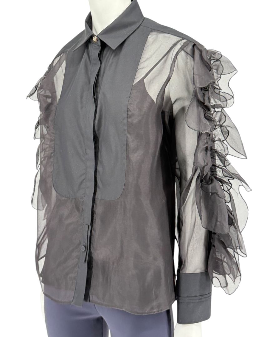 MaxMara 'Umberta' Sheer Black Silk Ruffle Blouse – Size 8