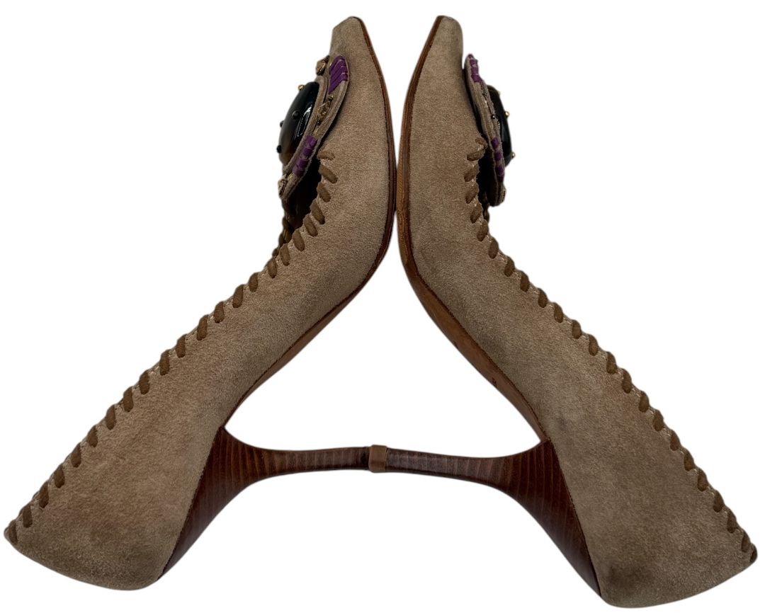 Prada Embellished Suede Peep-Toe Heels – Size 36 – Good Preowned Condition