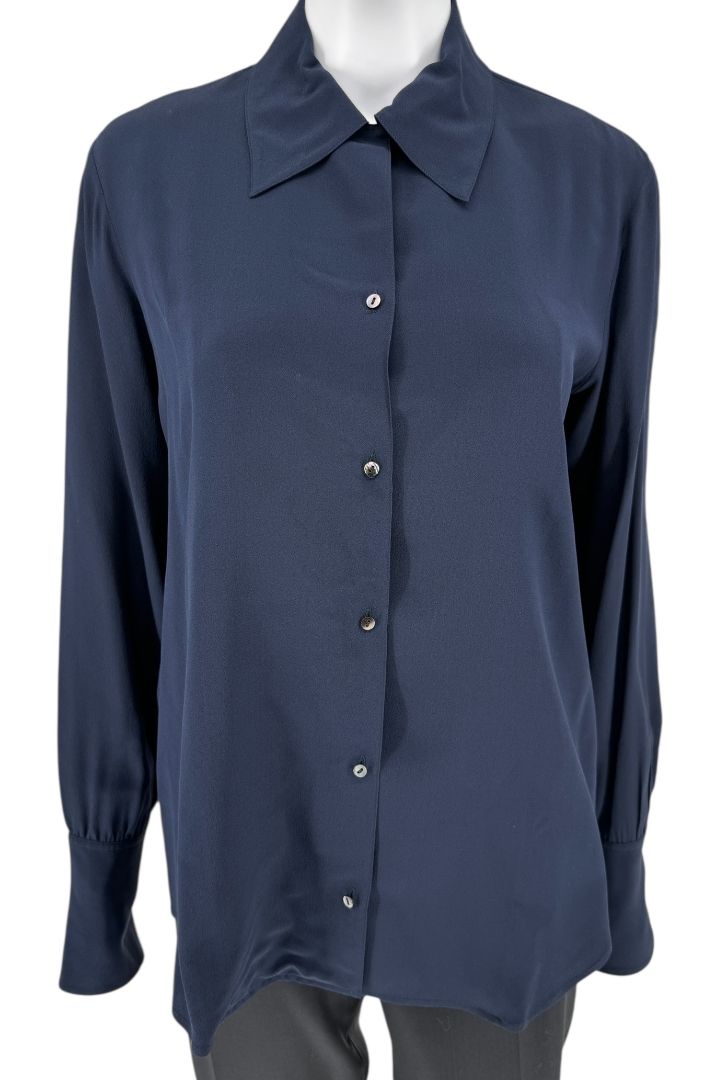 The Row Navy Silk Button-Up Blouse – Size 6