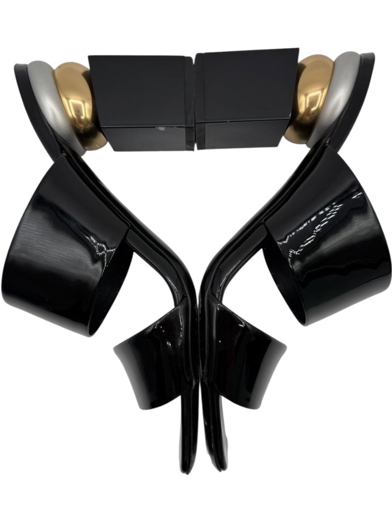 Salvatore Ferragamo Black Patent Block Heel Mules - Size 8.5