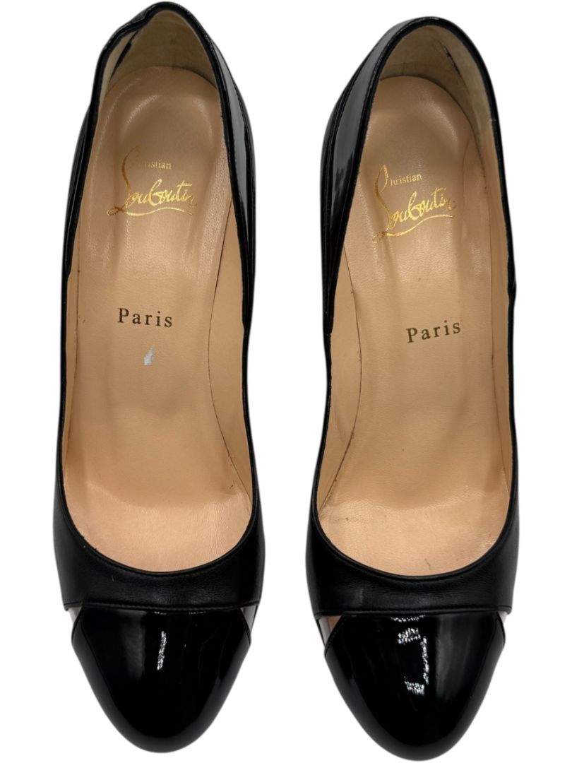 Christian Louboutin Black Leather & Patent Cap-Toe Pumps – Size 39.5