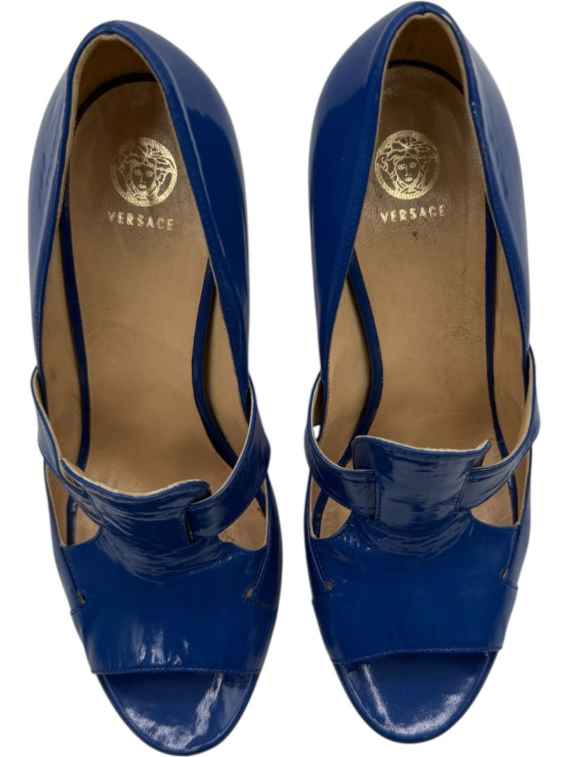 Versace Royal Blue Patent Leather Peep-Toe Heels – Size 39.5