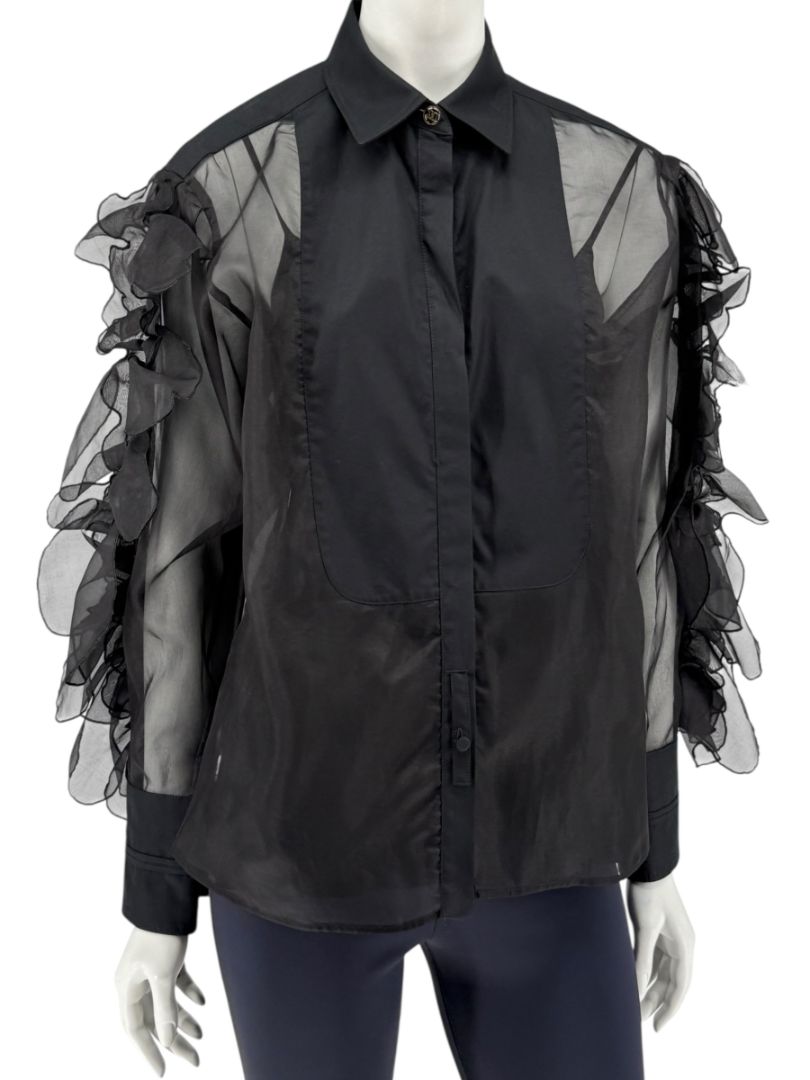 MaxMara 'Umberta' Sheer Black Silk Ruffle Blouse – Size 8