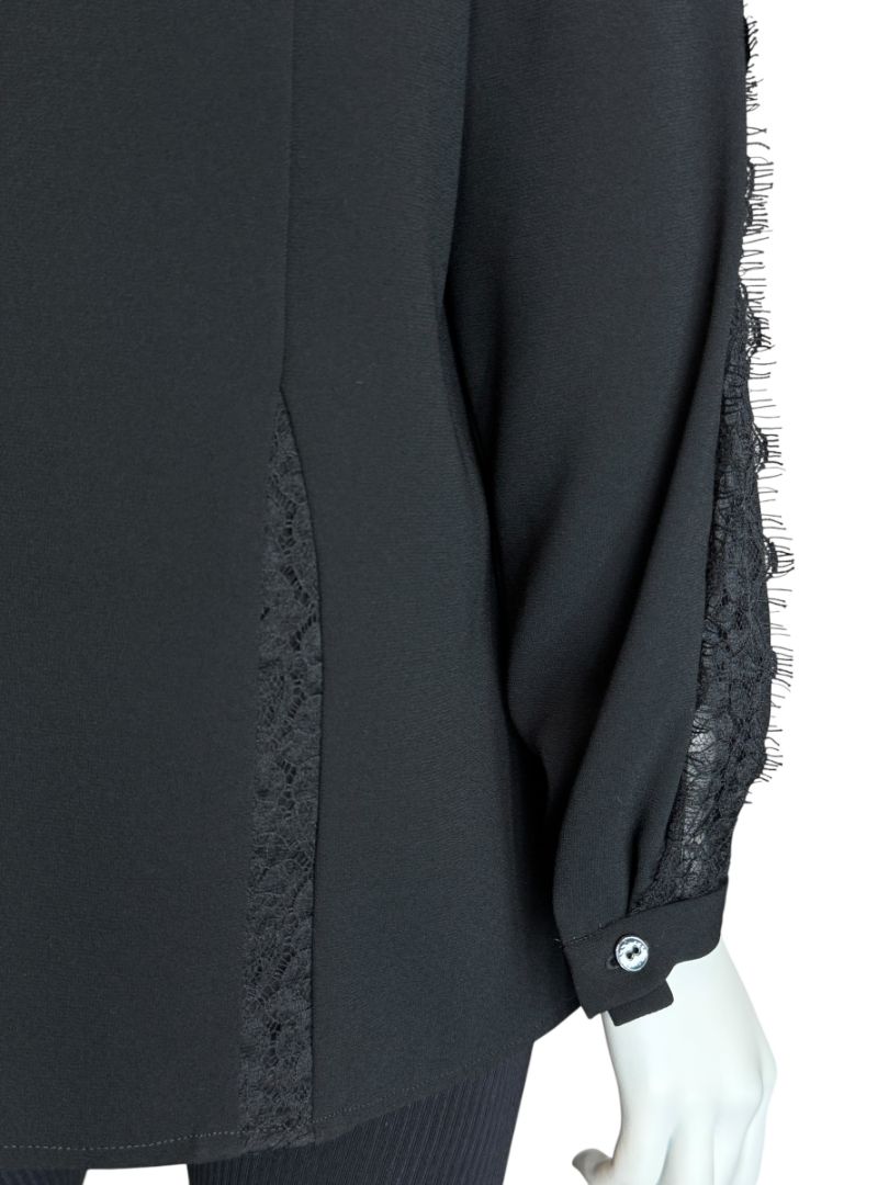 Pamella Roland Black Longsleeve Blouse with Lace Inset - Large