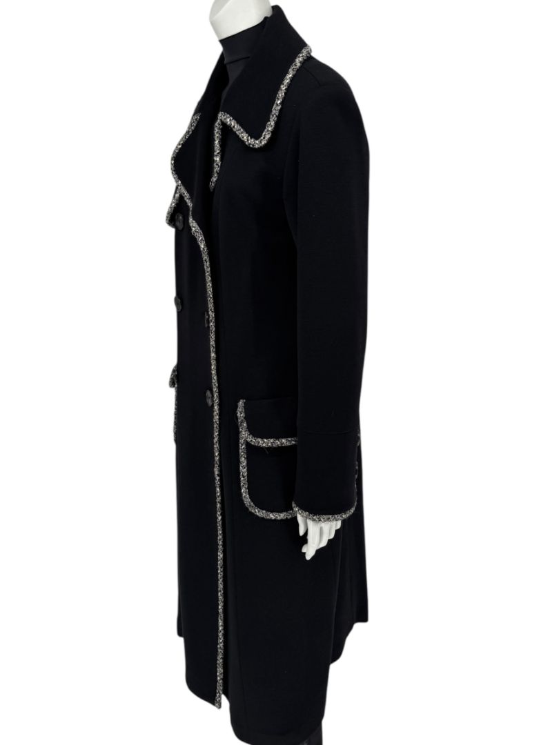 Lida Baday Black Wool Long Coat with Metallic Braid Trim – Size 12
