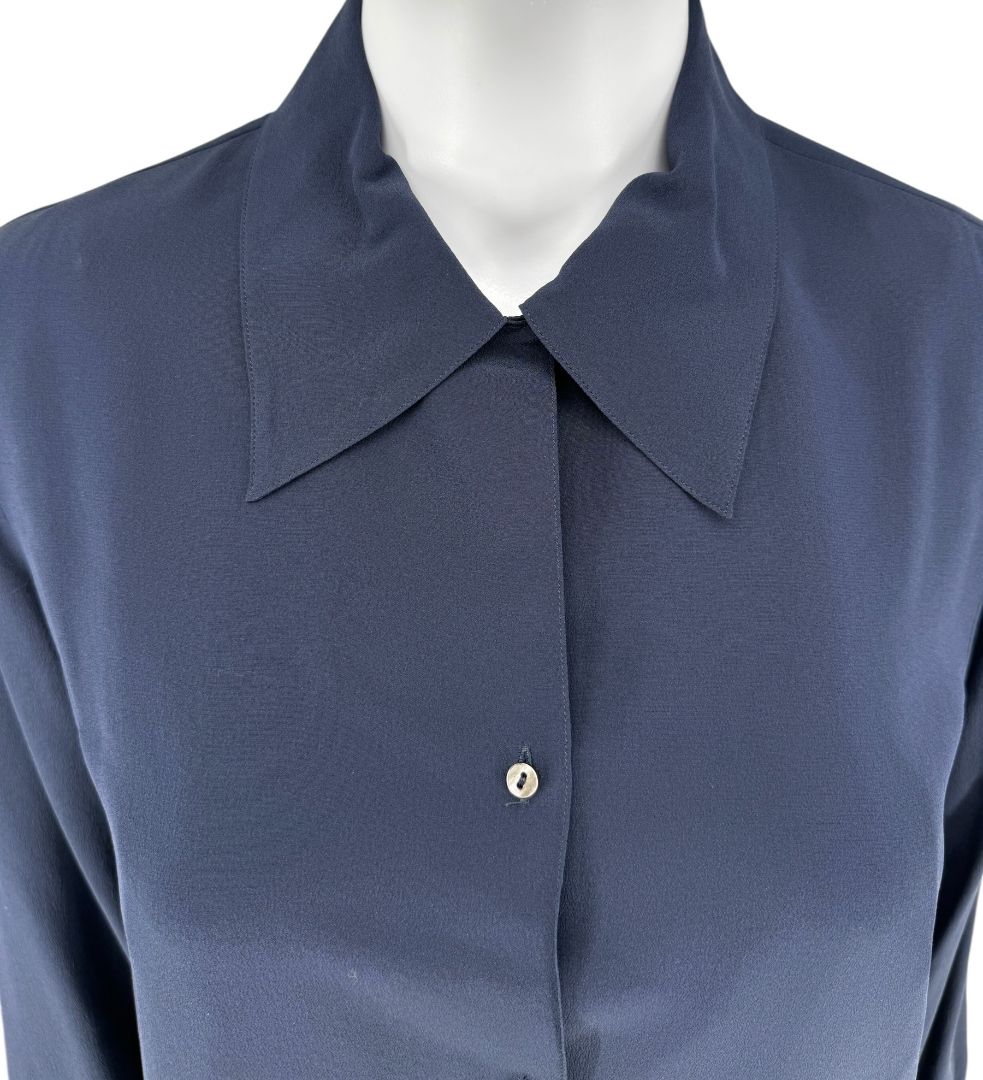 The Row Navy Silk Button-Up Blouse – Size 6