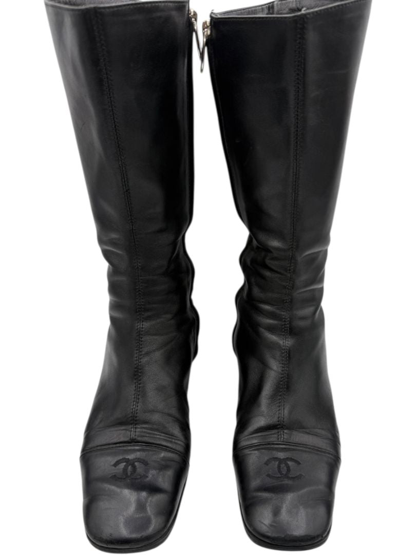 Chanel Black Leather Mid-Calf Boots with CC Cap Toe & Silver Heel Logo – Size 40 (US 10)