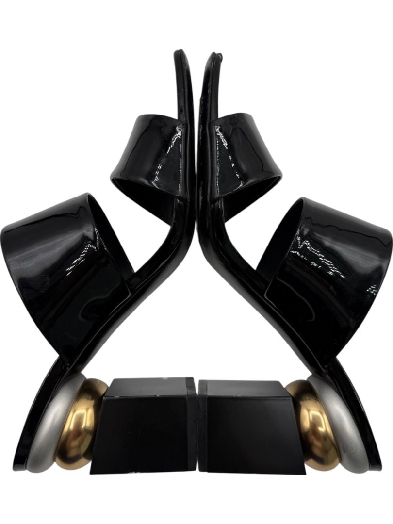 Salvatore Ferragamo Black Patent Block Heel Mules - Size 8.5