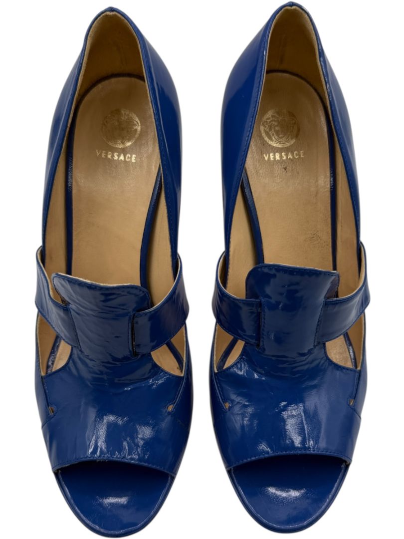 Versace Royal Blue Patent Leather Peep-Toe Heels – Size 39.5