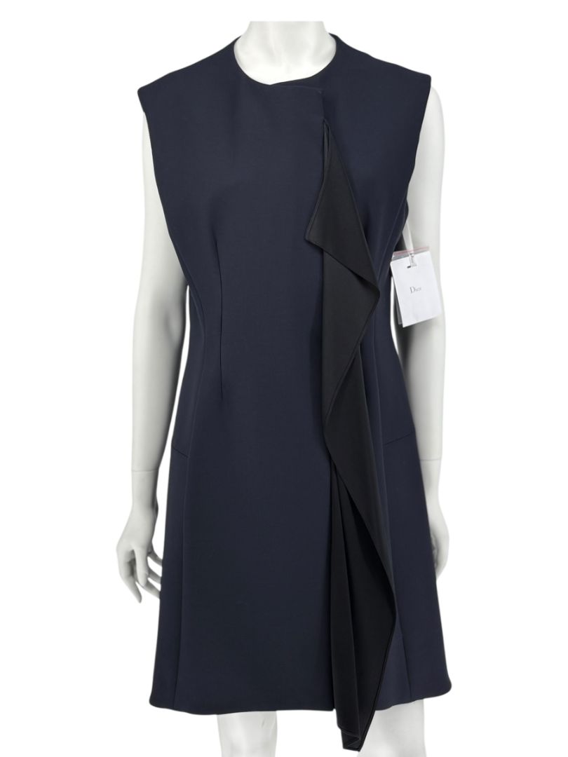 CHRISTIAN DIOR Navy Wool-Silk Dress with Draped Overlay – NWT – Size 12