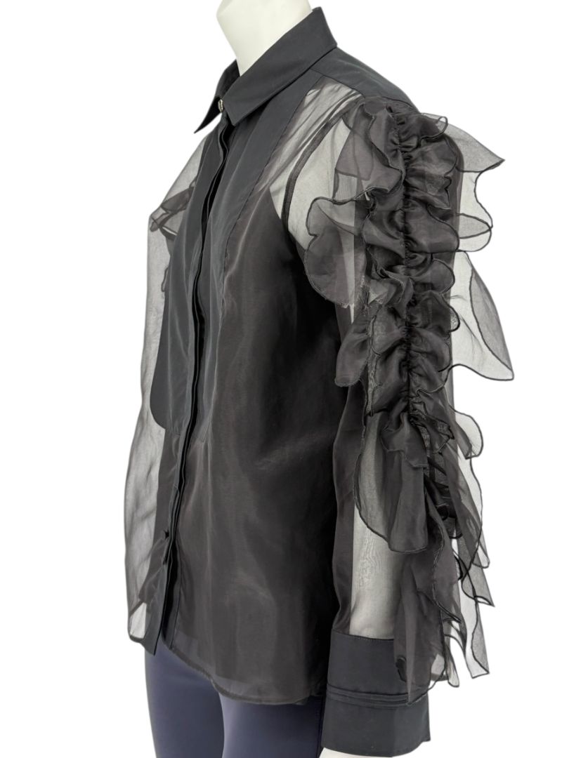 MaxMara 'Umberta' Sheer Black Silk Ruffle Blouse – Size 8