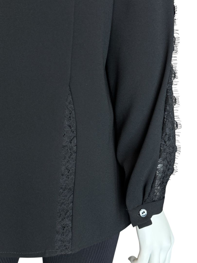 Pamella Roland Black Longsleeve Blouse with Lace Inset - Large