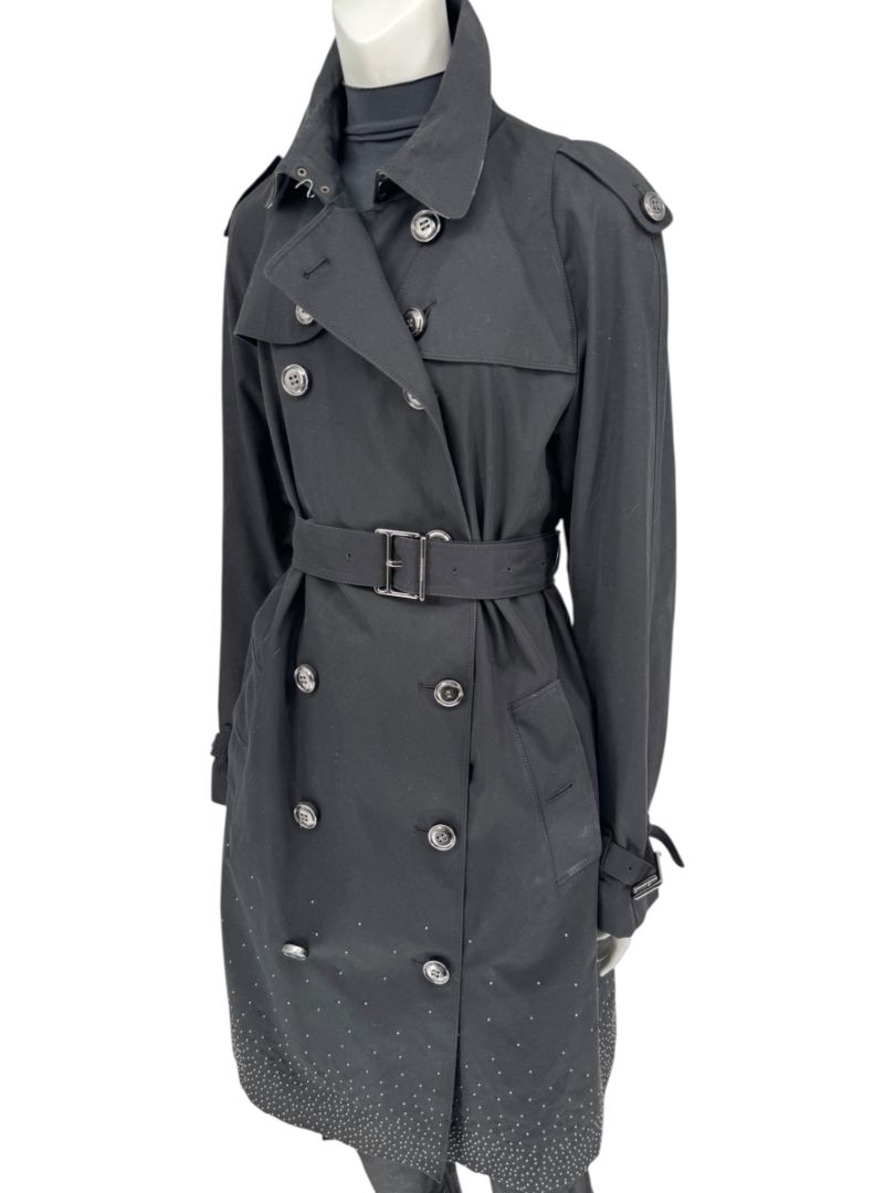 Burberry London Black Cotton Trench Coat with Crystal Bead Hem – Size USA 14 / IT 48