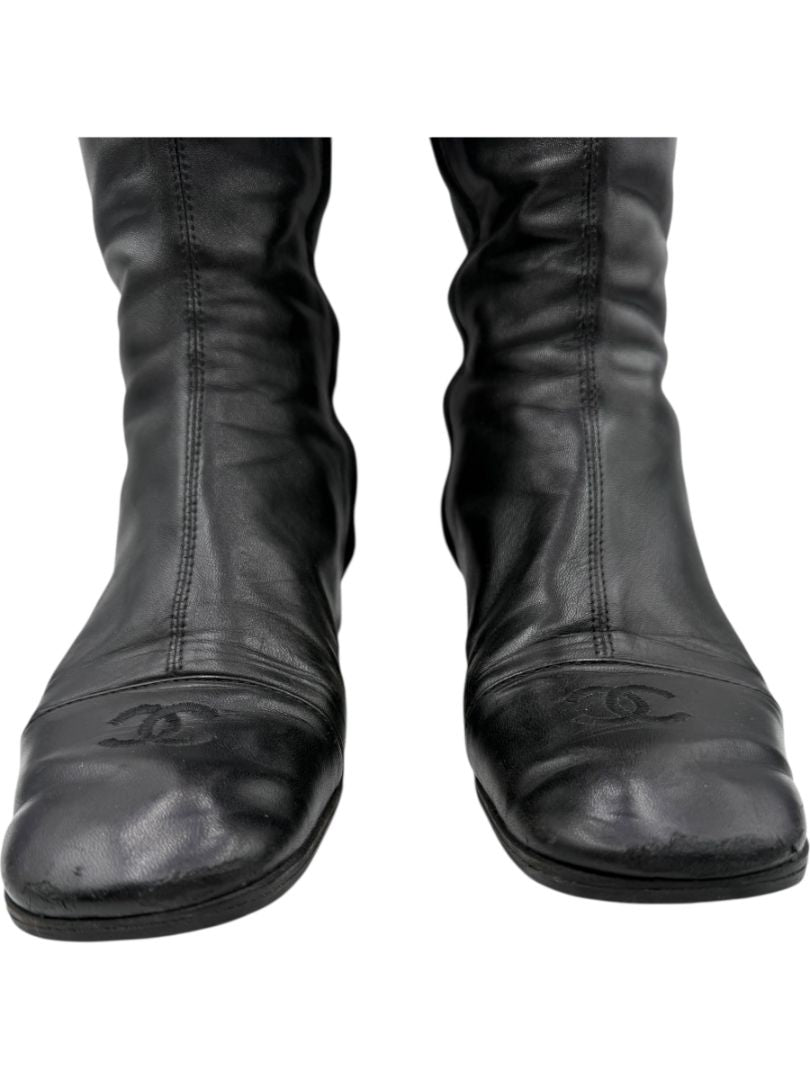 Chanel Black Leather Mid-Calf Boots with CC Cap Toe & Silver Heel Logo – Size 40 (US 10)