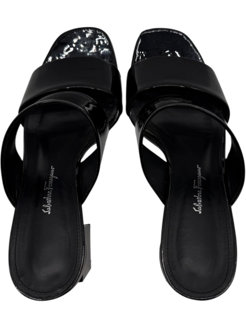 Salvatore Ferragamo Black Patent Block Heel Mules - Size 8.5