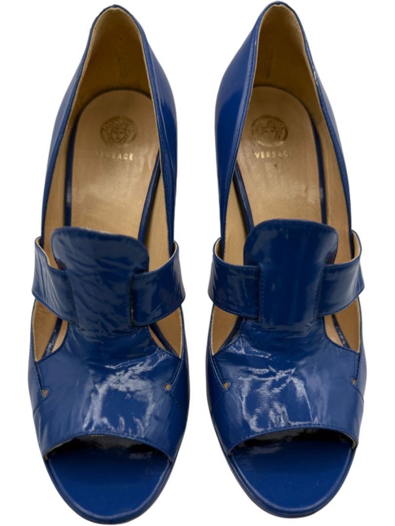 Versace Royal Blue Patent Leather Peep-Toe Heels – Size 39.5