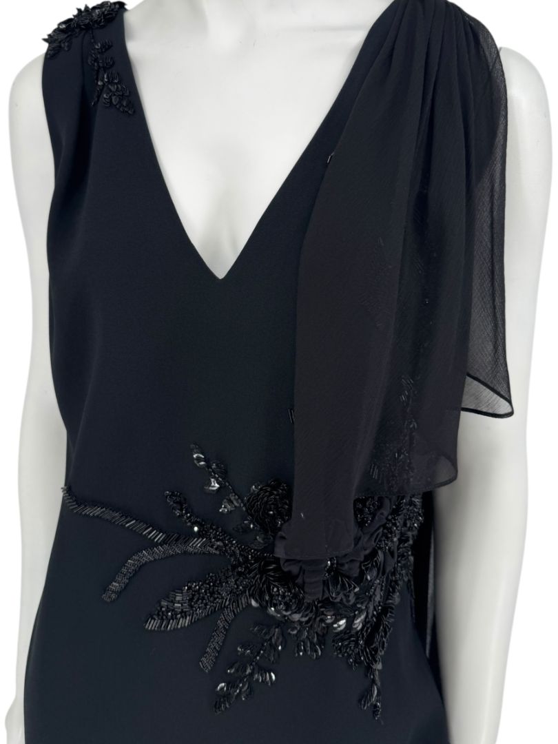 Pamella Roland Black Embellished One-Shoulder Cocktail Dress with Chiffon Drape – Large