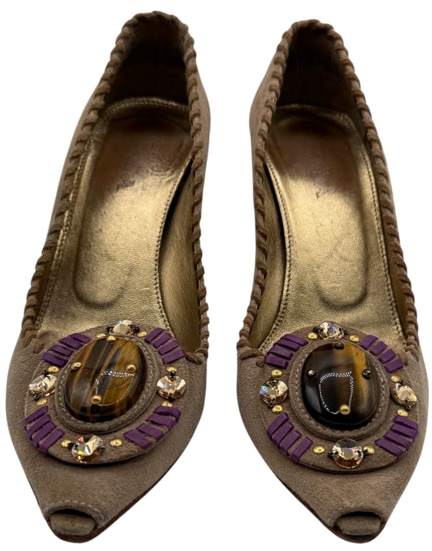Prada Embellished Suede Peep-Toe Heels – Size 36 – Good Preowned Condition