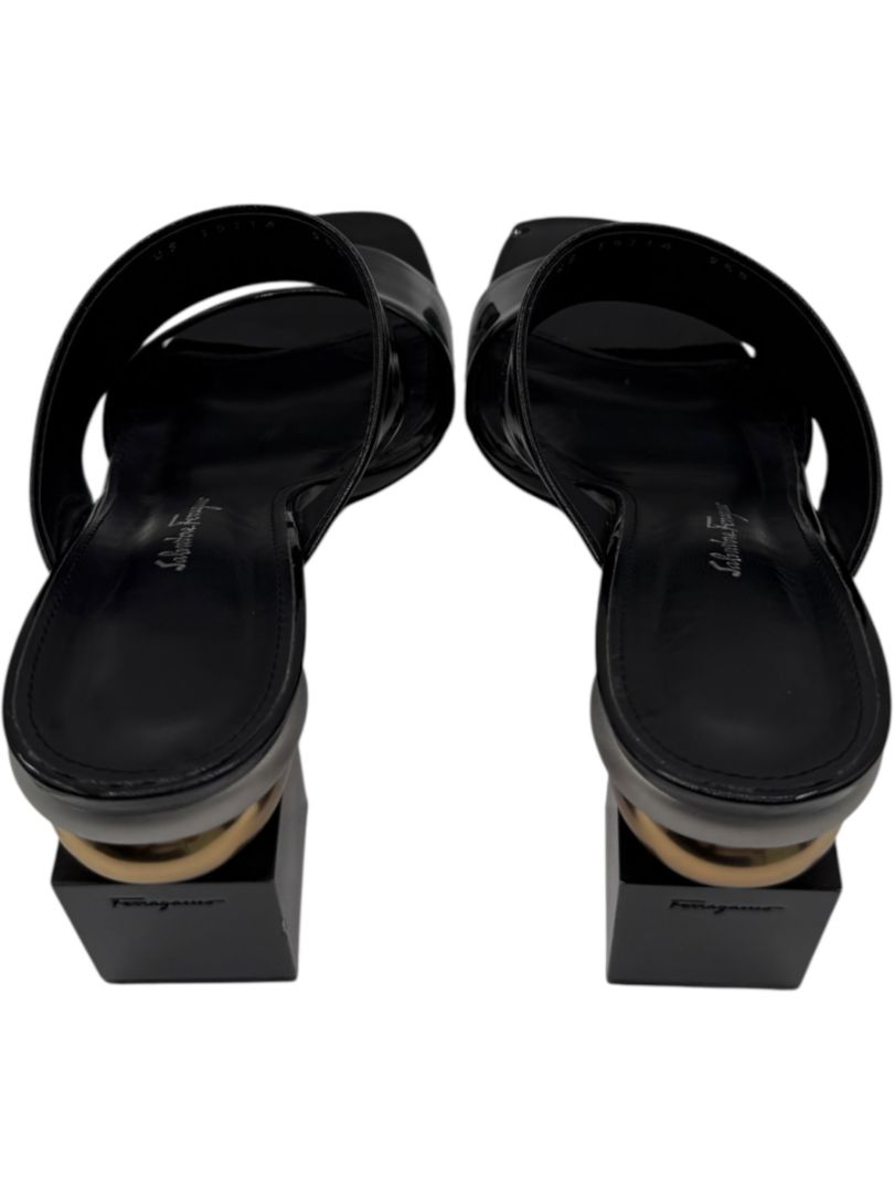 Salvatore Ferragamo Black Patent Block Heel Mules - Size 8.5