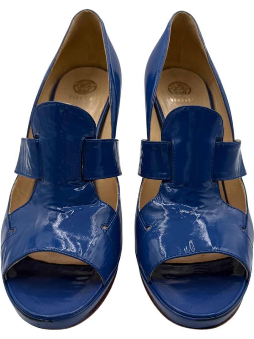 Versace Royal Blue Patent Leather Peep-Toe Heels – Size 39.5