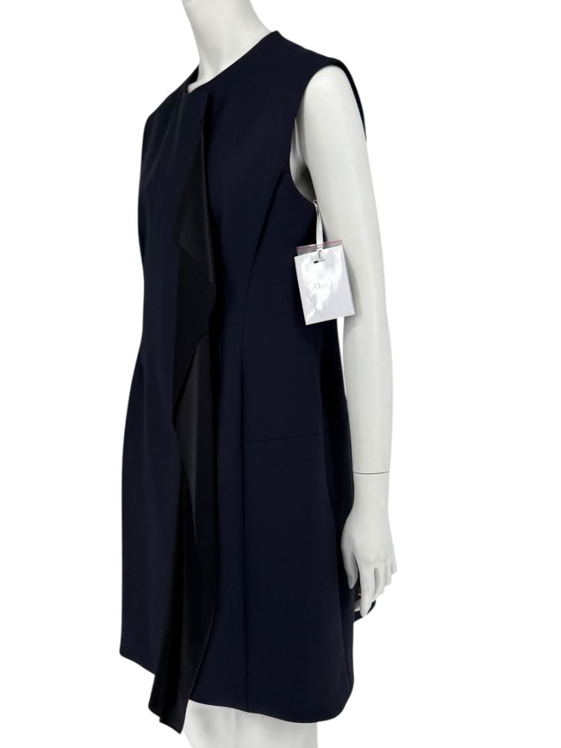 CHRISTIAN DIOR Navy Wool-Silk Dress with Draped Overlay – NWT – Size 12