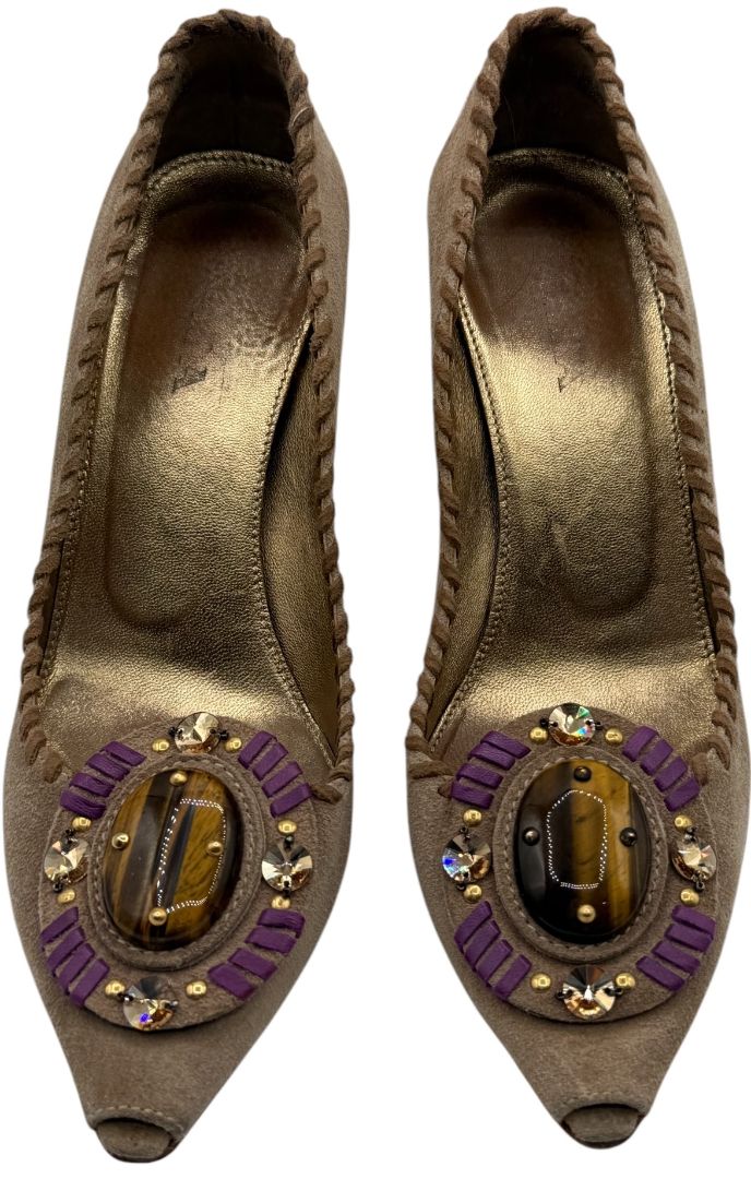 Prada Embellished Suede Peep-Toe Heels – Size 36 – Good Preowned Condition