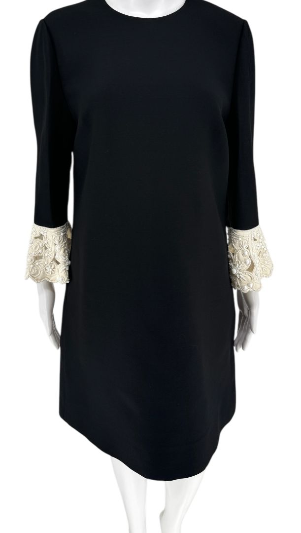 Valentino Black Mini Dress with Embroidered Cuffs – Size 44 – Excellent Preowned Condition