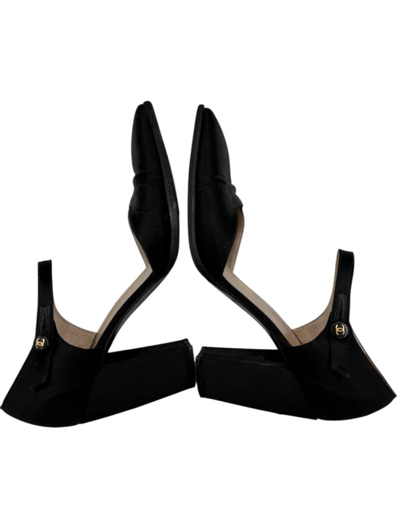 Chanel Black Satin Mary Jane Pumps with Gold CC Button – Size 40 (US 10)