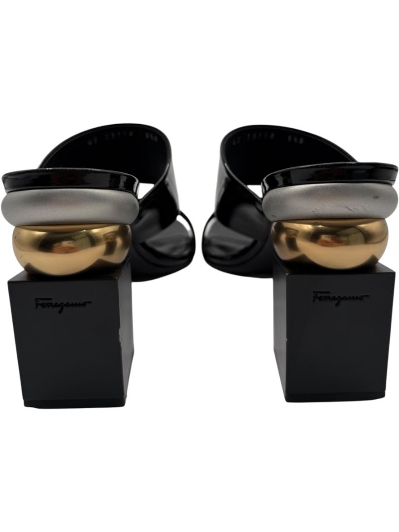 Salvatore Ferragamo Black Patent Block Heel Mules - Size 8.5