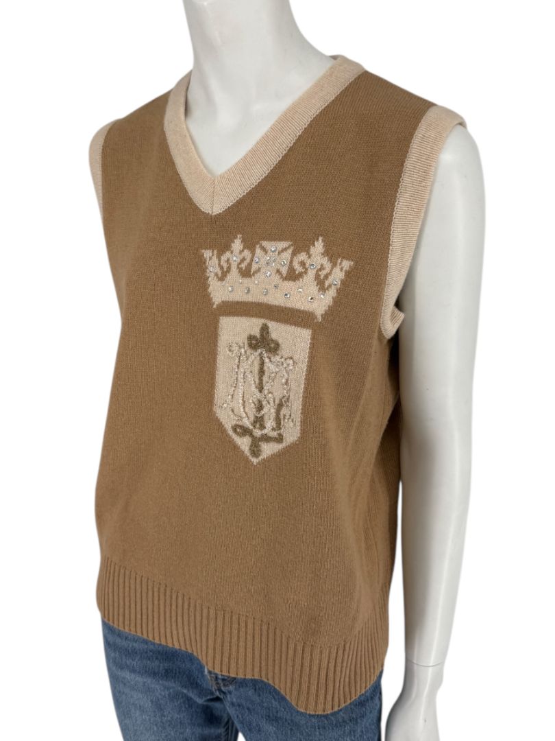 Misselle Les Copains Tan Embellished Crest Sweater Vest – Size L