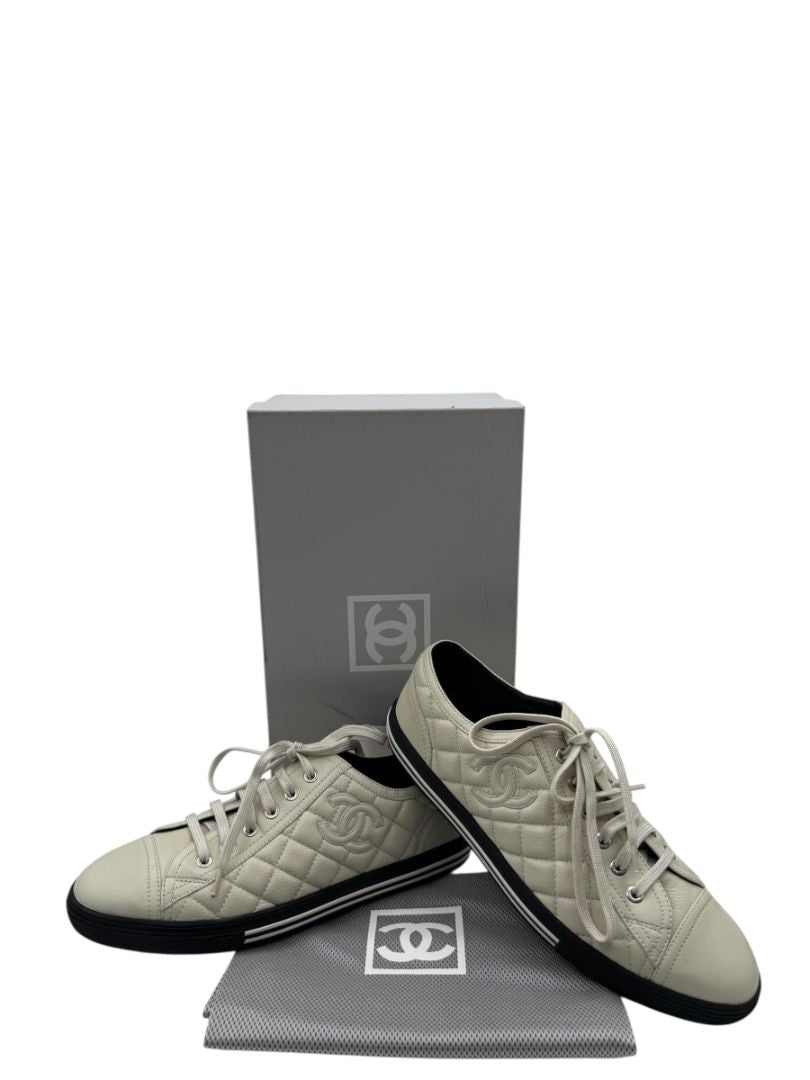 BNIB CHANEL Caviar Quilted CC Sneakers in Dark White – Size 40