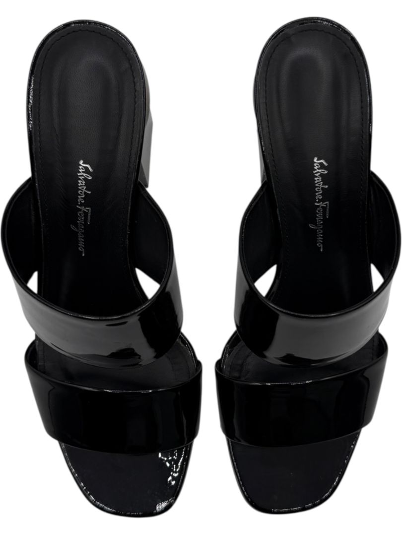 Salvatore Ferragamo Black Patent Block Heel Mules - Size 8.5