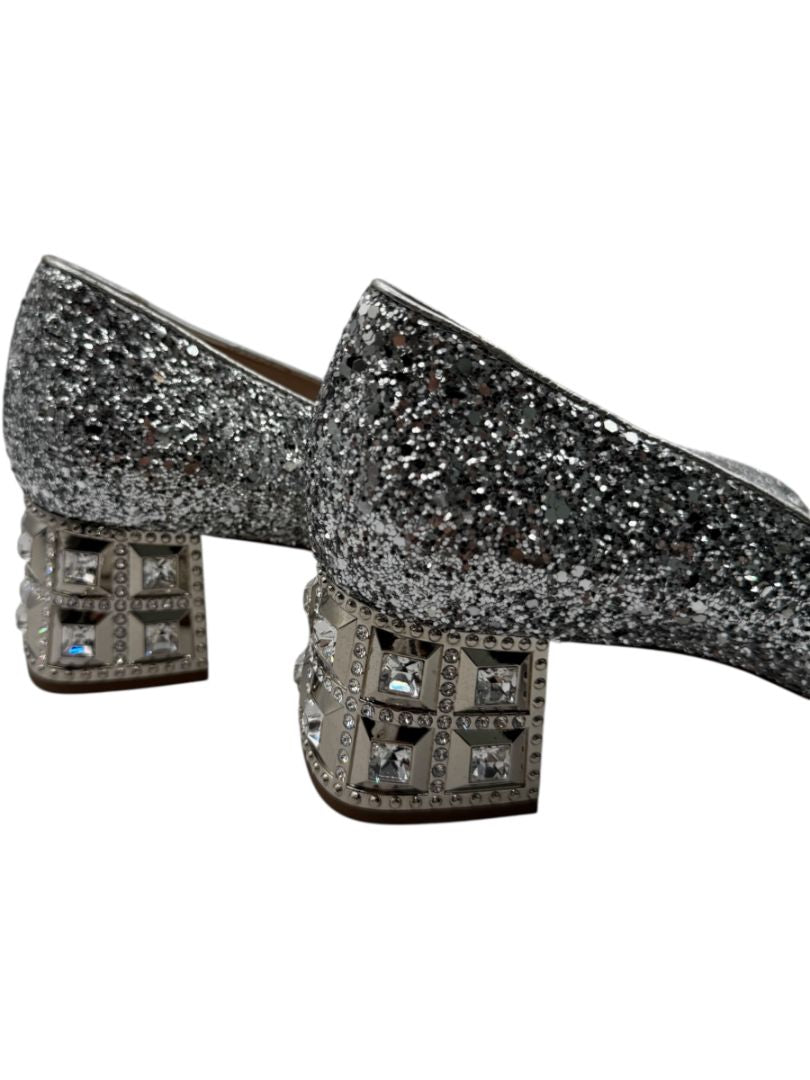 Miu Miu Silver Glitter Block Heel Pumps - Size 39