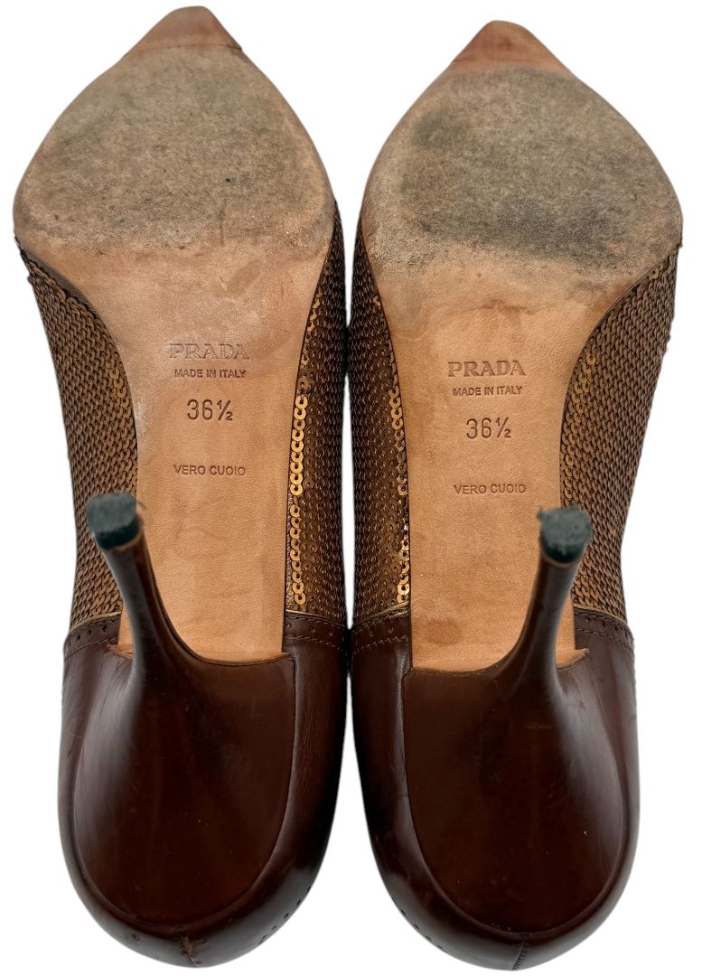 Prada Brown Leather & Sequin Pointed Toe Pumps – Size 36.5 – Good Preowned Condition