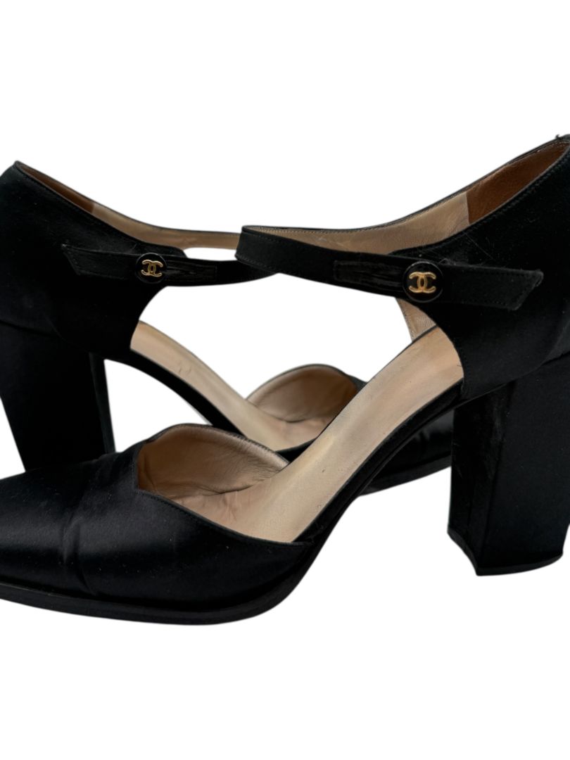 Chanel Black Satin Mary Jane Pumps with Gold CC Button – Size 40 (US 10)