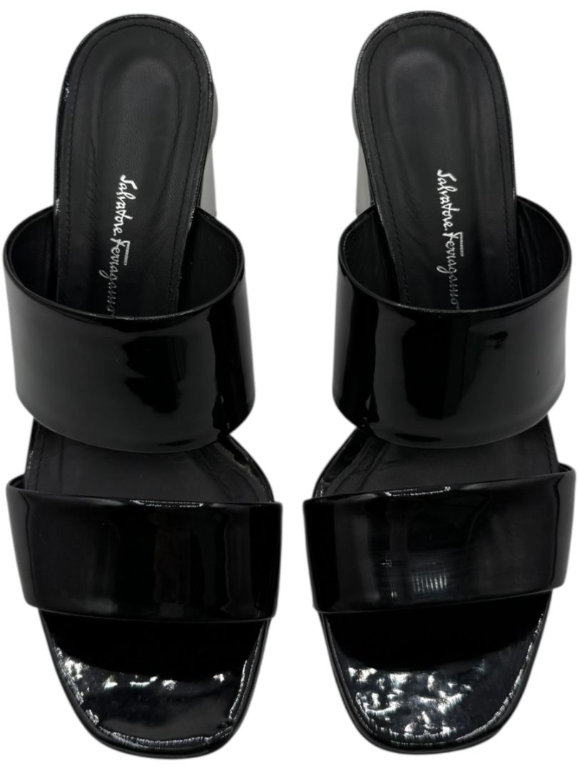 Salvatore Ferragamo Black Patent Block Heel Mules - Size 8.5