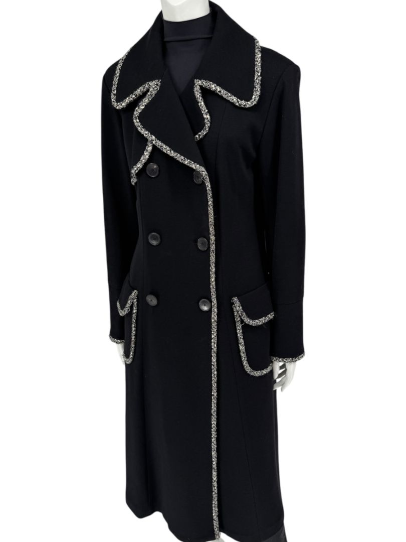 Lida Baday Black Wool Long Coat with Metallic Braid Trim – Size 12