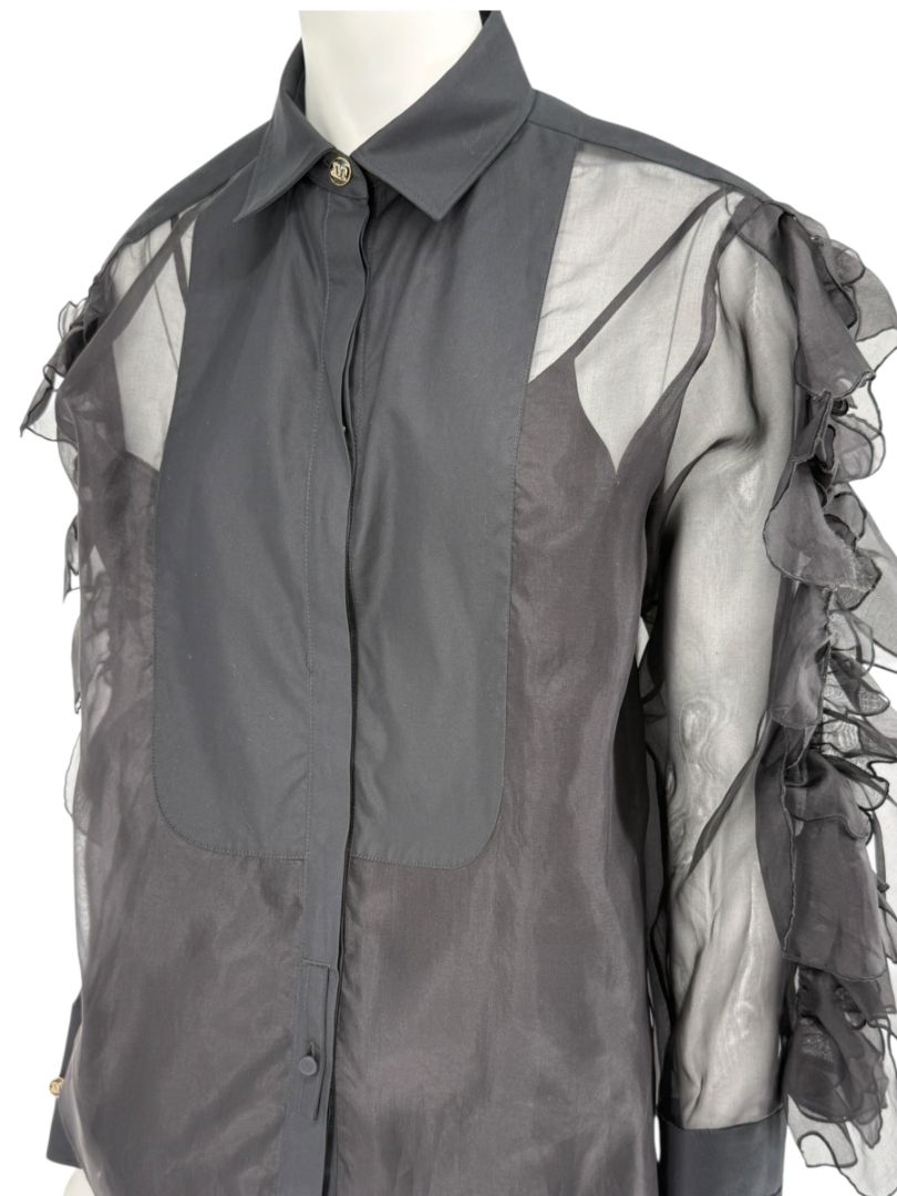 MaxMara 'Umberta' Sheer Black Silk Ruffle Blouse – Size 8