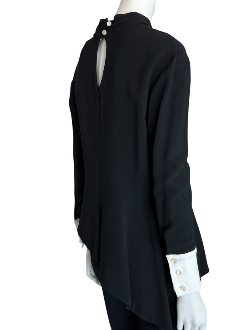 Pamella Roland Black Asymmetrical Blouse with Contrast Cuffs – Large