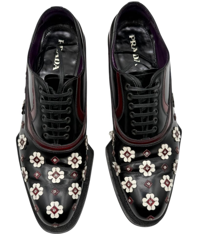 Prada Studded Floral Leather Oxfords – Size 40