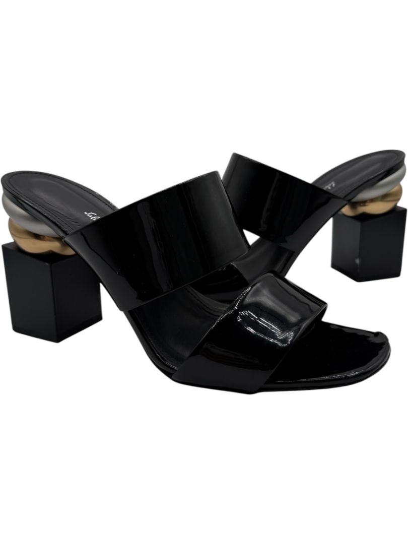 Salvatore Ferragamo Black Patent Block Heel Mules - Size 8.5